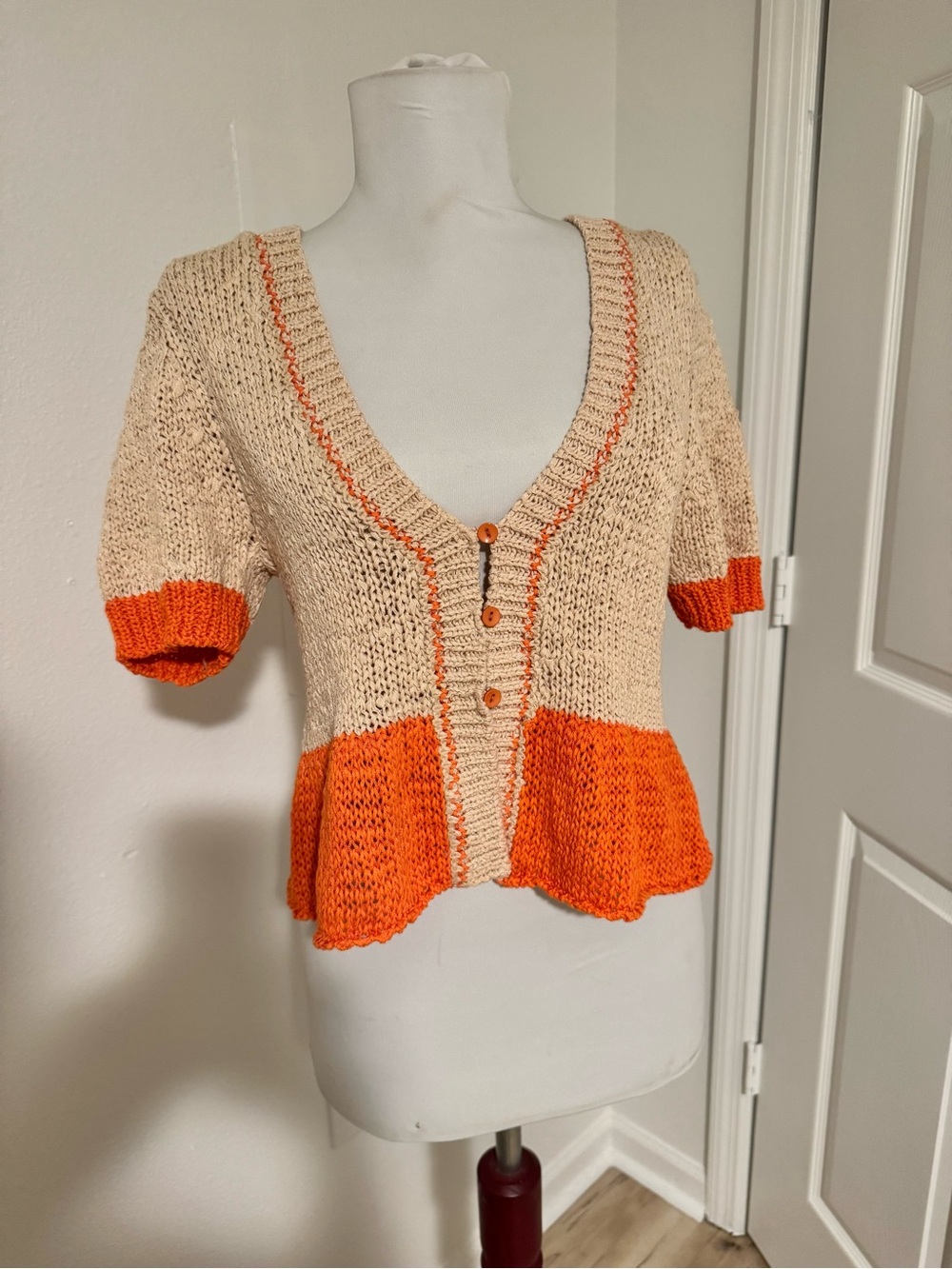 Altar’d State Orange & Cream Peplum Knit Cardigan – Size Medium - Picture 2 of 4